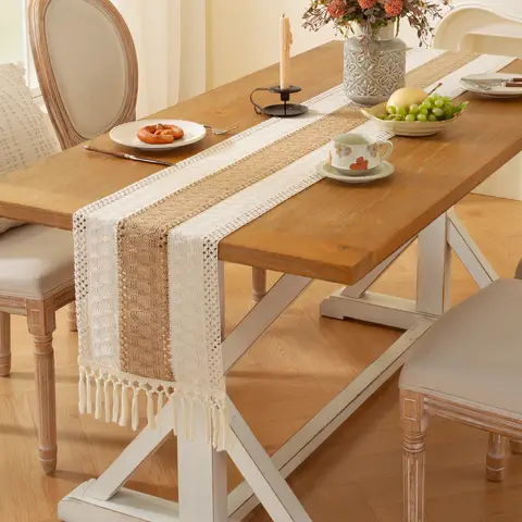 Boho Table Runner 5pcs table runner and placemat, Farmhouse Rustic Dining Kitchen Centerpiece Decor Small Macrame Woven Coffee Table Runner for Dresser Scarf Home Decor 12x72 inch*1,12.5*16.5inch*4 , Ivory&Brown