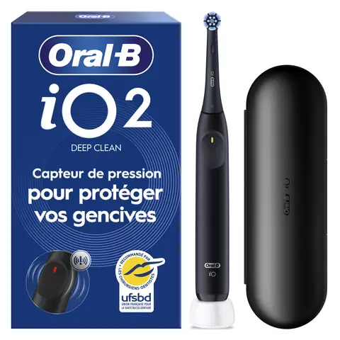Oral-B iO2 Brosse à Dents Électrique Night Black – Protection Gencives avec Capteur de Pression Automatique, 3 Modes, Brossage Doux et Silencieux, Inclus 1 Brossette et Etui de Voyage