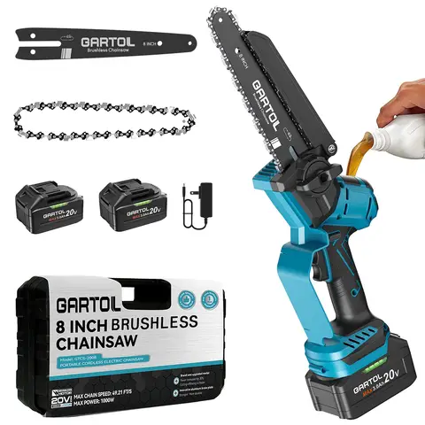 GARTOL Brushless Mini Chainsaw Cordless, 8'' Handheld Chainsaw with Auto Oiler, 1000W Electric Chainsaw with 2×3000mAh Batteries & Case, Compatible with Makita 18V Battery Portable Tree Trimmer