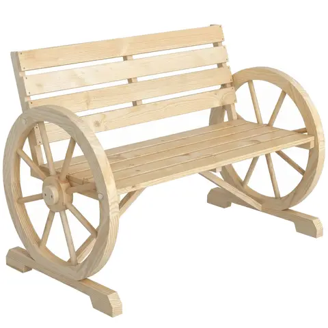 Outsunny Banc de Jardin Banc en Bois, Effet Bois Naturel 3 Places Roues Charette 105,5x56x79 Naturel | Accoudoirs, Style Rustique Chic