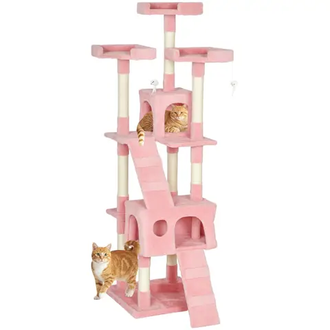 PawHut Large Cat Tree, 173 cm Cat Tower with 10 Scratching Posts, 3 Perches, 2 Condos, 1 Ramp, Kitty Climbing Tower, Activity Centre House  for Indoor Kittens, Pink