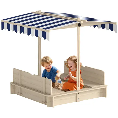 Outsunny Kids Wooden Sand Pit with Lids, Children Sandbox Height Adjustable Canopy for Garden, Convertible Bench Outdoor Garden Playset, Blue and White Canopy