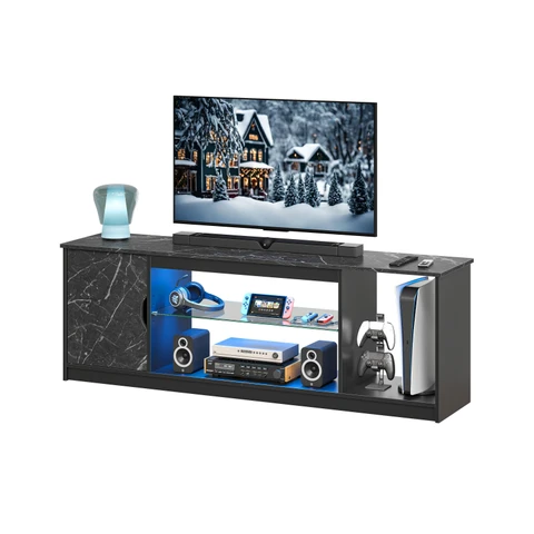 Bestier Lowboard TV-Schrank, TV-Schrank mit RGB LED (Breite 144,8 cm mit 2 offenen Fächern und 1 Tür), TV-Tisch mit verstellbaren Glasregalen für Wohnzimmer, Schlafzimmer