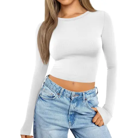 Women Crop Tops Long Sleeve Ribbed Slim Fit Workout Cropped Tee Y2K Short T-Shirts (white, M)