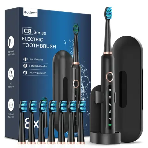 Coulax Hollow-Cup Electric Toothbrush, 8 Brush Heads, 5 Modes, Includes Travel Case
& Stand - Black