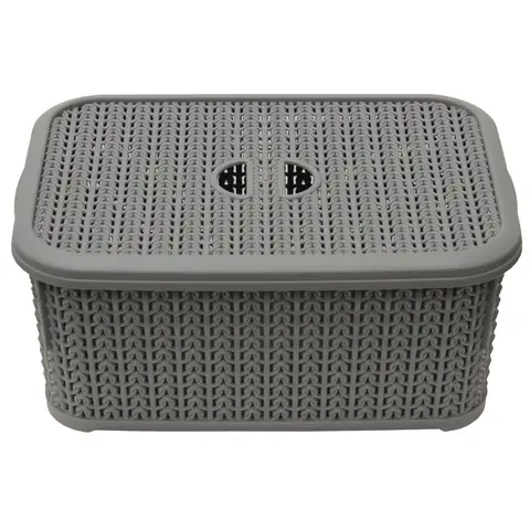 JVL Knit Design Loop Plastic Lidded Rectangular Storage Basket with Handles – Grey