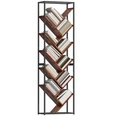 HOMCOM Tree Bookshelf, 10 Tier Floor Standing Bookcase, Industrial Tall Display Storage Shelving Unit Rustic Brown and Black