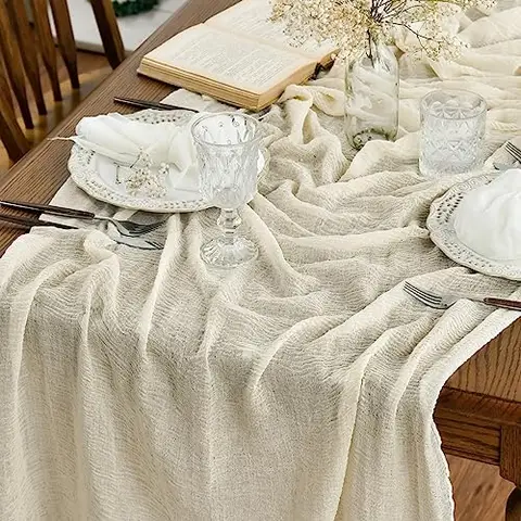 Boho Beige Gauze Wedding Cheesecloth 300 cm Table Runner, Seasonal Fabric Kitchen Dining Holiday Table Decor for Home Party Indoor