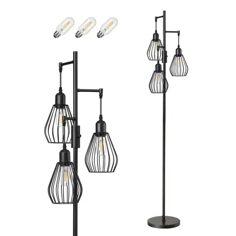 Dewenwils Edishine Stehlampe, 3-flammig dimmbar, mit E27 LED-Leuchtmitteln, Metallgitter-Lampenschirm, 2700 K warmweiß, Industriestil, für Wohnzimmer, Schlafzimmer und Büro, 166 cm, schwarz