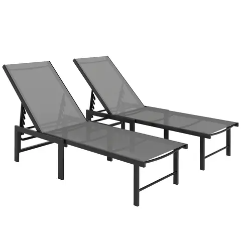Outsunny Sun Loungers for Garden Set of 2, 5-Level Adjustable Reclining Sun Lounger Chairs, Flat Garden Lounger Sunbed with Texteline Seat, Steel Frame for Patio, Beach, Grey