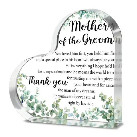 Alphynix 1pc Mother of the Groom Heart Plaque, Acrylic Keepsake with "You Loved Him First" Full Message and Eucalyptus Leaf Design, Wedding Thank You Gift from Bride to Groom's Mother