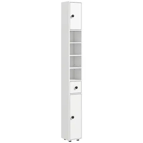 kleankin Badezimmerschrank schmal, Badschrank Hochschrank mit 4 offenen Fächern und Schublade, Toilettenschrank für Wohnzimmer Badezimmer kleine Räume, 20 x 20 x 180 cm Weiß