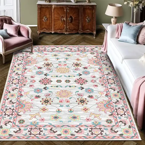 Boho Vintage Floral rugs, Non - Slip, Persian - Style Ornate Pattern, Soft & Durable, Ideal for Entryway, Adds Elegant Charm to Home Decor,pink,72*107.8inch