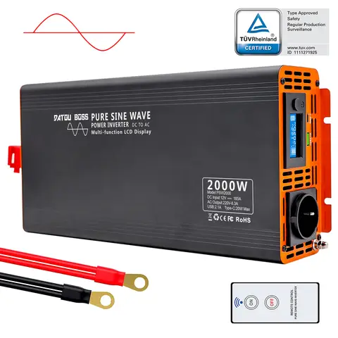 DATOUBOSS Inverter 12 V Gleichstrom auf 230 V Wechselstrom, reines Sinus-Signal, 2000 W/4000 W, Spannungswandler 12 V 230 V, LCD-Display und 1 x USB + 1 x Typ-C, Spannungswandler, reines Sinus-Signal