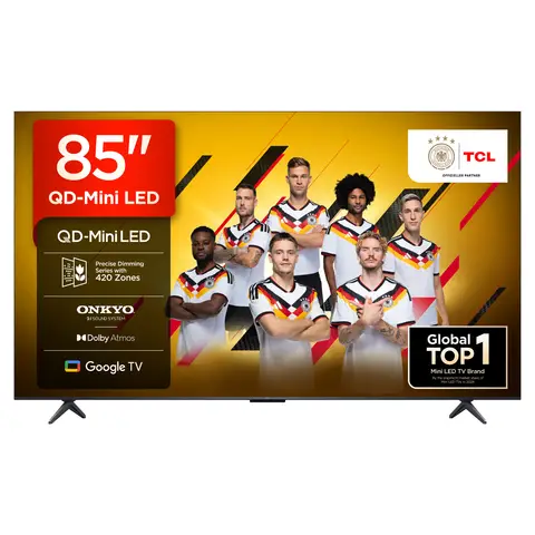 TCL 85Q6C QLED Mini LED Fernseher, 85 Zoll, 4K HDR Premium, Dolby Vision IQ & Atmos, Onkyo 2.1 Sound, Smart TV mit Google TV, Game master, 144Hz Motion Clarity Pro, AMD FreeSync Premium Pro, HDMI 2.1, AirPlay 2, Google Assistant & Alexa