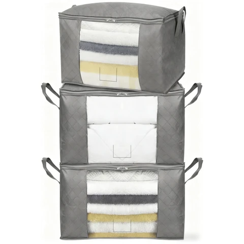 ANQI Cubes de rangement pliables à fermeture éclair, grande capacité, fenêtre transparente et poignées, lot de 3, gris, offre spéciale Nouvel An, meilleurs cadeaux