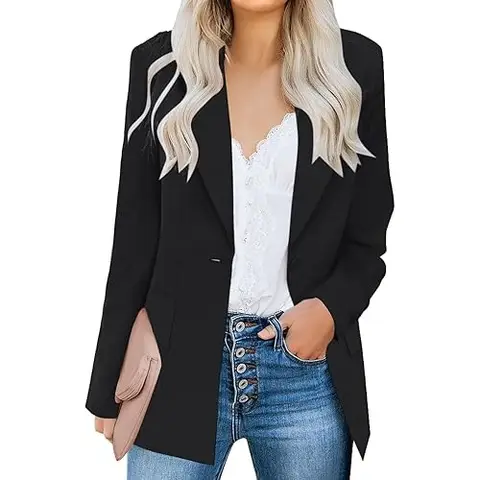 Women's Casual Blazers Long Sleeve Lapel Button Slim Work Office Blazer Jacket (black, L)