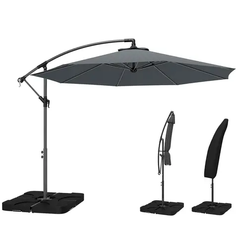 Outsunny 3 m Cantilever Parasol with Umbrella Weights, Cross Base, Offset Outdoor Umbrella with Protective Cover, Crank Handle, Dark Grey