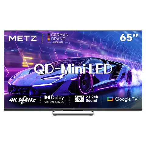 【Gratis installatie】METZ 65 Inch QD-Mini LED Google TV, 65MNE8000Z, 144Hz, 4K HDR 10+, 2.1.2-kanaals Geluidssysteem, Dolby Vision Atmos, Game Mode, Sports Mode met ALLM, VRR, MEMC, Oogzorg, Laag Blauw Licht & Flikkervrij, Google Cast, Spraakbesturing