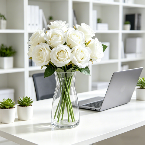 Yuejia 12Pcs 10.6in/26.92cmArtificial Roses Single Stem Fake Silk Flower Arrangement Bridal Bouquet Real Touch for Home Party Wedding Decoration(white)