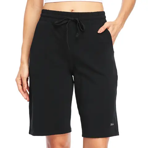 Willit Women's Shorts 10" Bermuda Cotton Long Shorts Yoga Workout Lounge with Pockets Black L