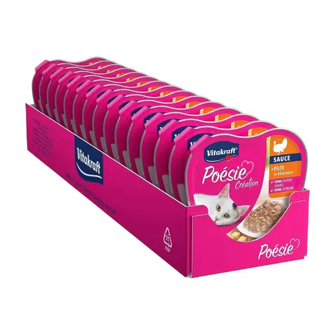 VITAKRAFT Poésie Création, Nassfutter Katze, Katzennassfutter in Sauce, mit Pute in Käsesauce, Vorratspackung, ohne Zusatz von Zucker und Getreide (15x 85g)