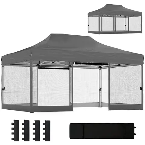 Outsunny 3 x 4.5 m Pop Up Gazebo with Mesh Nettings, UPF50+ Heavy Duty Outdoor Garden Party Tent Marquee Wedding Canopy Instant Event Shelter with 4 Sandbags, Wheeled Carry Bag, Dark Grey