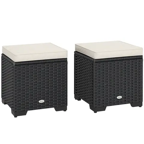 Outsunny Set of 2 Rattan Storage Ottoman, Outdoor Footstool with Removable Cushions, Garden Storage Seat for Balcony, Porch, 