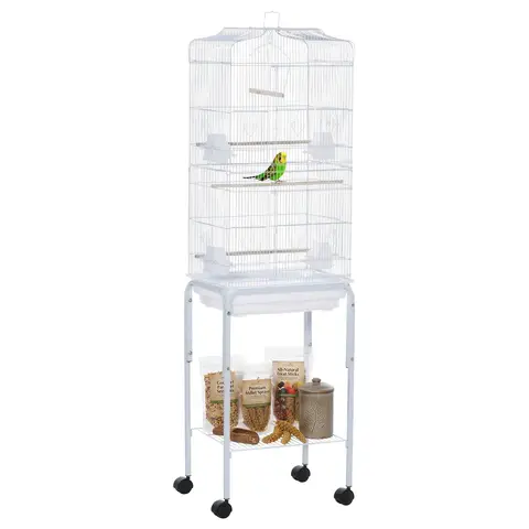 PawHut Bird Cage Budgie Cages for Finch Canary Parakeet with Stand Wheels Slide-out Tray Accessories Storage Shelf, White 46.5 x 36 x 157 cm