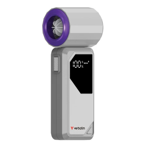 Verbatim Cool 'n' Go AirJet Tragbarer Handventilator, 4000 mAh Wiederaufladbarer Akku, 4 Geschwindigkeitsstufen, USB-C Aufladung, LED-Display, Grau