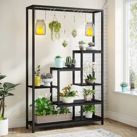 Tribesigns Blumenregal, 5-stufiges Pflanzenregal mit 10 S-Haken, 180 cm hohes Pflanzenregal, Metall-Blumenregal für Innen-Balkon-Boden-Blumen-Treppen Wohnzimmer (Schwarz)