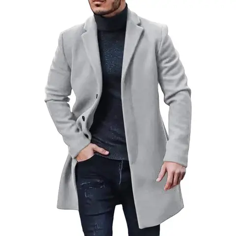 Men's Trench Coat Slim Fit Notch Lapel Single Breasted Top Coat Winter Warm Cotton Business Long Jacket Overcoat (Gray, M)