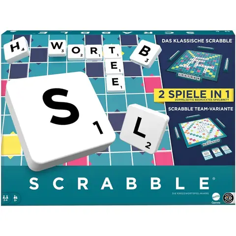 MATTEL SPIELE Scrabble Zwei-in-Eins Doppelseitiges Brettspiel für schnelles, lockeres und kooperatives Spiel, inklusive 50 Zielkarten für Scrabble Together, einfache Punktevergabe, HWD45