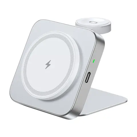 Rexsun 2 in 1 Foldable Magnetic Wireless Charging Station for MagSafe, Aluminum Alloy Wireless Charger Stand, Travel Size for iPhone 16/15/14/13/12, Apple Watch, T15, White