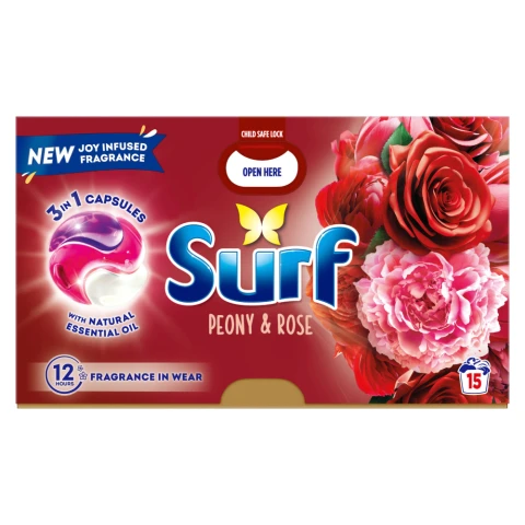 Surf 3 in 1 Laundry Washing Detergent Capsules Peony & Rose 15 washes 