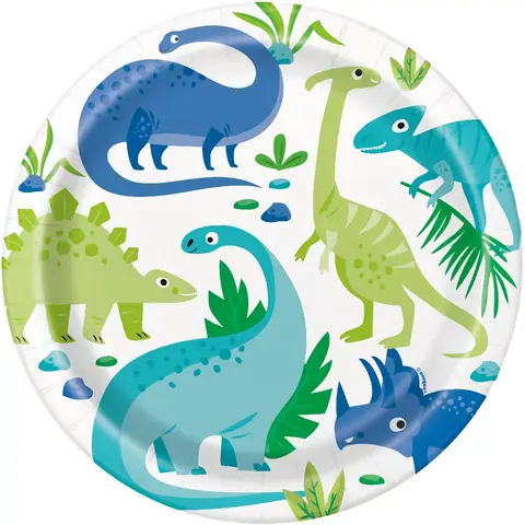 Unique Party Paper Plates, Blue Green Dino, 22cm, 8 Pack