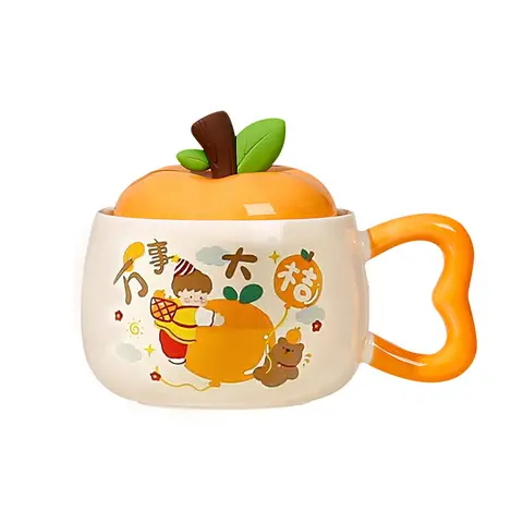 Alles läuft gut 400ml/13.5oz chinesische Haushalts-Keramiktassen im einfachen und hübschen Design mit orangefarbenen Deckeln