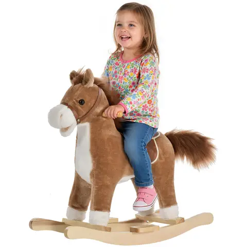 HOMCOM Kids Plush Rocking Horse w/ Sound Moving Mouth Wagging Tail Children Rocker Ride On Toy Gift 3-6 Years Brown
