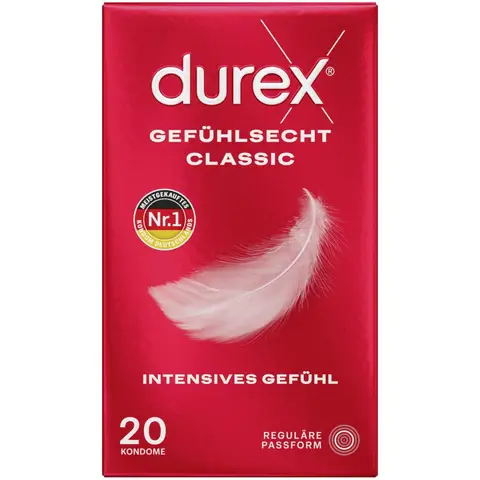 Durex Real Feel Klassische Kondome - Perfekte Passform & Einfaches Abrollen mit Zuverlässigem Schutz - Zarte, Dünne, Befeuchtete, Transparente Kondome mit Angenehmem Duft - Packung mit 20 (1 x 20 Stück)