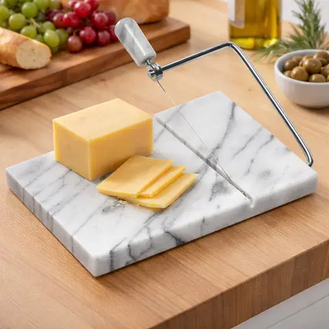 Maison by Premier White Marble Cheese Board with Slicer, Natural Marble Serving Board with Built-In Stainless Wire Cutter