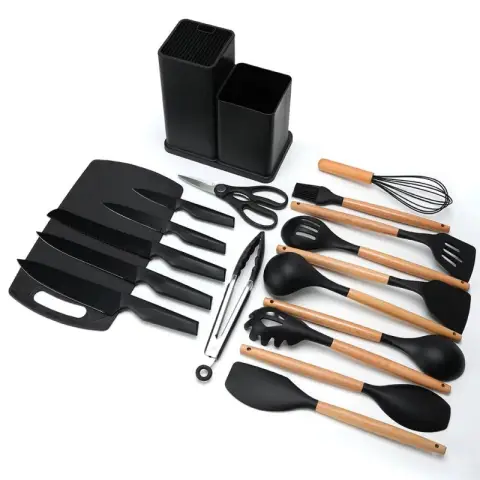  19-Piece Premium Knife Block Set With Silicone Utensils Kitchen Tool Set Black               