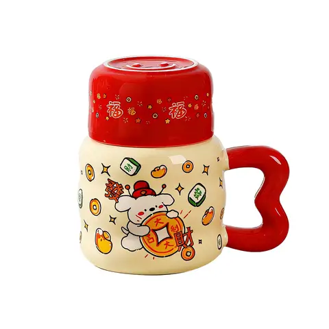 400ml Keramiktasse „Get Rich“, chinesische Neujahrstasse mit Deckel, festliche Keramik-Teetasse, Geschenkbox für Neujahrsgeschenk, roter Deckel, beiger Körper