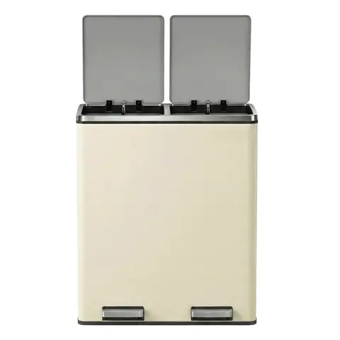 SONGMICSHOME Dubbele Prullenbak met Pedaal, 2 Uitneembare Emmers, Softclose Deksel, voor Keuken, Handvatten, Crème