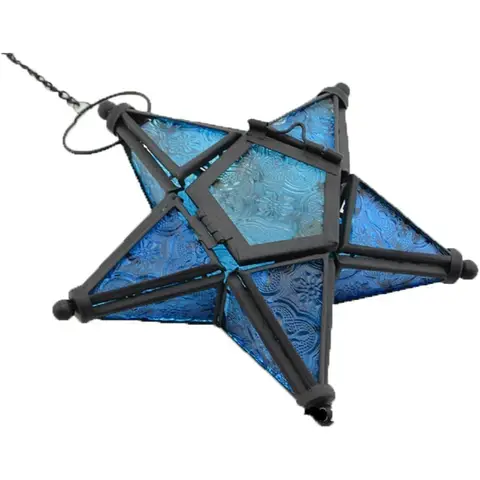White Label Blue Glass Star Lantern Hanging Ornaments Set of 1