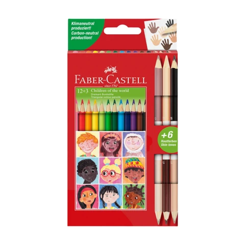 FABER-CASTELL Crayons de Couleur Triangulaires Boîte Cartonnée 12+3 Pièces Édition Enfants du Monde