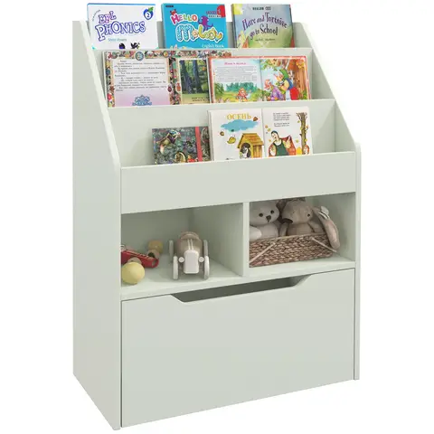 HOMCOM Kids Bookshelf with Storage Drawer, Children's Bookcase with Wheels, Toy Organiser for Bedroom, Playroom - Green