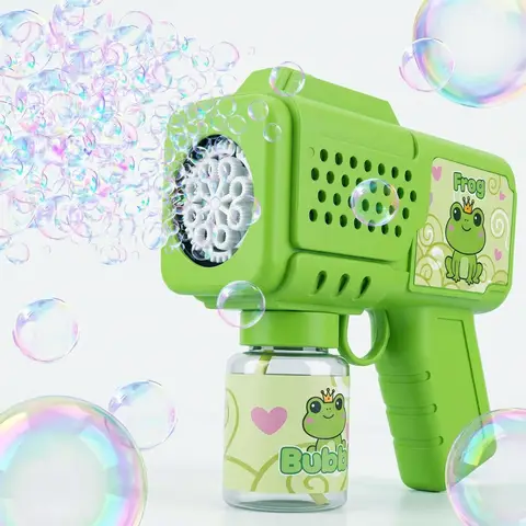 Kids Automatic Frog Bubble Gun - 360° Leak-Proof Bubble Machine with 8-Hole Design for 1000+ Bubbles Per Minute, Includes DIY Stickers - Summer Outdoor Toy for Toddlers, Birthday Party Gift for Boys and Girls