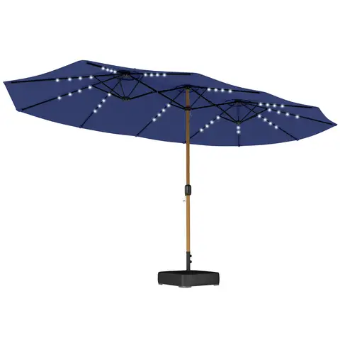 Outsunny 4.6m Garden Parasol Double Sided Umbrella with Base Included, 48 Solar LED Lights Patio Umbrella with Cover, Crank Handle, 12 Ribs, UV Protection, Dark Blue