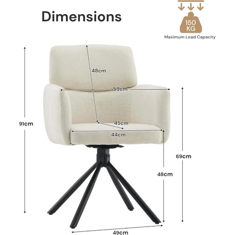 CLIPOP 1PC Chenille Swivel Tub Chair for Living Room 360 Rotating Base Luxurious Dining Armchair with Padded Seat, Desk Chair no Wheels for Dining Room Bedroom Vanity 0659-s cream 59*60*91 cm