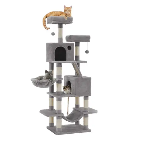 SONGMICSHOME Kratzbaum, 168 cm großer Katzenturm mit 13 Kratzstämmen, 1 Kratzrampe, 2 Liegeflächen, 2 Höhlen, Korb, Hängematte, Pompoms, hellgrau